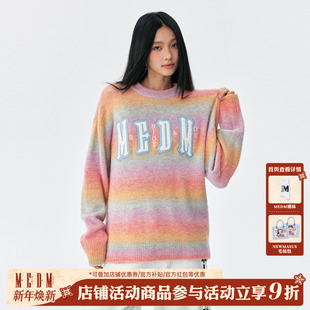 情侣套头圆领针织衫 MEDM 双层贴皮彩虹字母渐变保暖毛衣秋冬美式