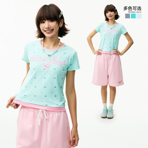 MEDM 彩色星星波点假两件T恤女款字母印花少女感休闲圆领短袖夏季