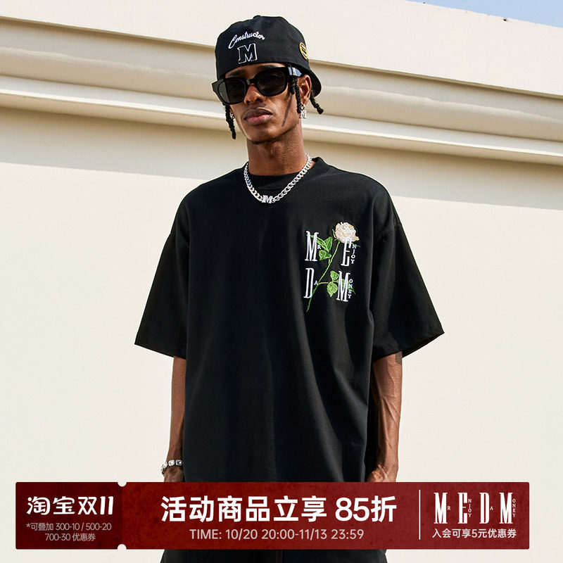 MEDM 玫瑰花立体刺绣美式街头休闲圆领短袖夏季潮牌情侣宽松t恤男