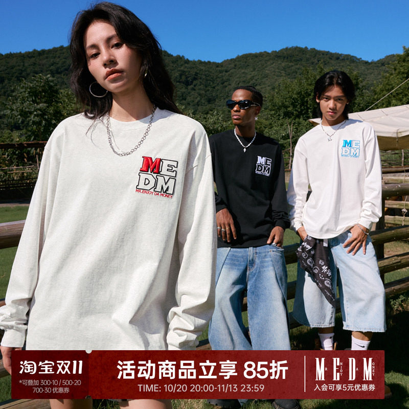 MEDM徽章刺绣字母基础长袖T恤春秋圆领宽松春秋季百搭情侣潮流tee