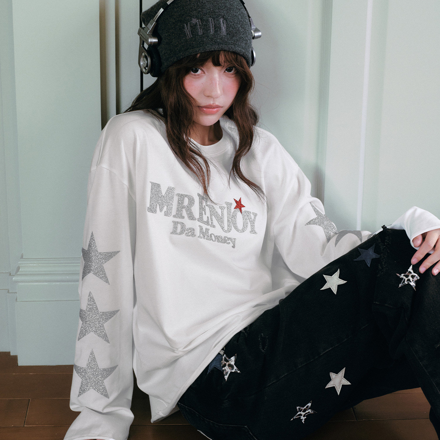 MEDM 纯棉圆领T恤男女款闪粉星星卷边长袖撞色印花潮牌打底衫上衣
