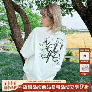 潮流休闲 宽松情侣上衣圆领半袖 MEDM立体刺绣山茶花短袖 t恤男夏季