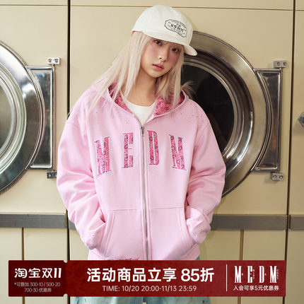 MEDM bandanas满天星烫钻加绒开衫卫衣女潮牌设计感拉链帽衫男秋