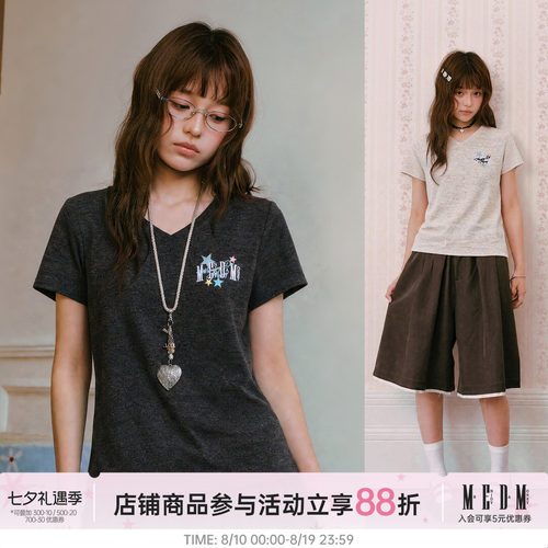 MEDM V领旋涡星星贴皮刺绣休闲短袖复古少女风显瘦短款高腰上衣夏