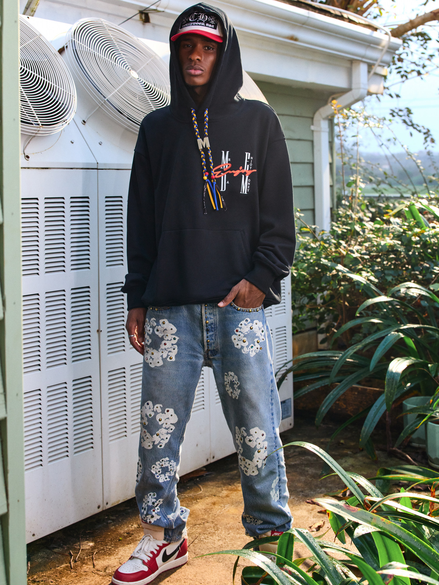 남성과 여성을 위한 MEDM 캐슈 꽃 드로스트링 후드 티셔츠 가을 미국 패션 브랜드 와이드 캐주얼 루즈 까마귀 탑 의류