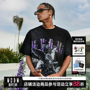 美式 男女t夏季 印花宽松T恤 25SS天马做旧竹节棉休闲圆领短袖 MEDM