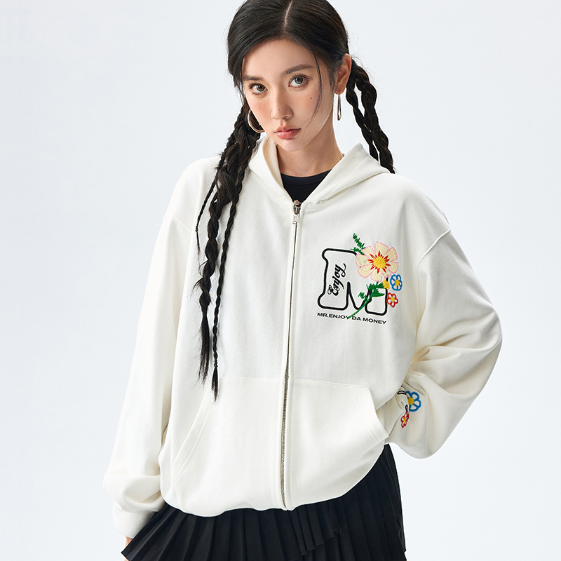 MEDM25SS锁链绣花朵大M拉链卫衣男美式复古休闲开衫外套女情侣款