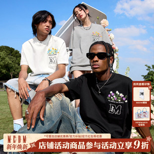 潮流休闲 宽松情侣上衣圆领半袖 MEDM口袋花丛短袖 t恤男夏季