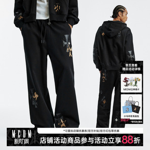 简约宽松显瘦微弹直筒裤 男女秋冬美式 豹纹拼皮抽绳休闲长裤 MEDM