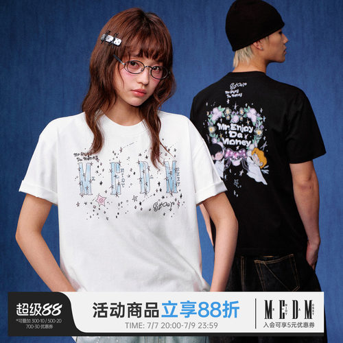 MEDM 花环小天使印花logo星星贴钻休闲圆领短袖潮流宽松情侣T恤夏