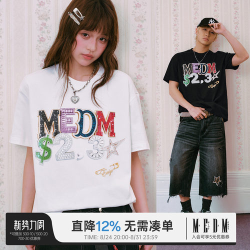 MEDM 珠宝字母热固油印花休闲短袖美式街头纯棉潮牌夏季情侣T恤
