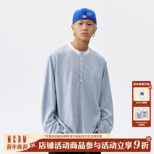 百搭宽松男女上衣t T恤春秋美式 MEDM 字母刺绣亨利领条纹休闲长袖