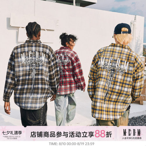 MEDM水洗玫瑰与剑格子衬衫