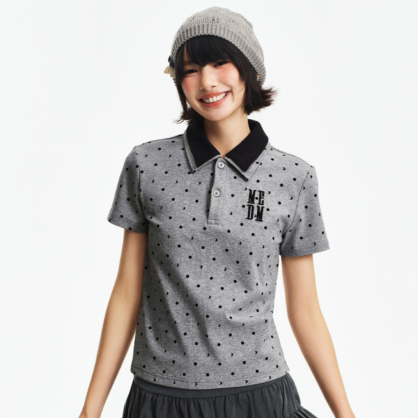 MEDM 假两件波点刺绣宽松翻领短袖夏季新款复古学院风休闲T恤女款