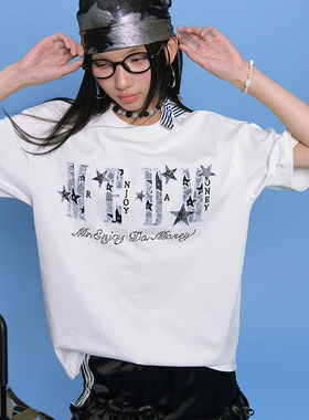 MEDM25SS星星迸发蕾丝贴布短袖男士美式嘻哈夏季T恤女休闲情侣tee