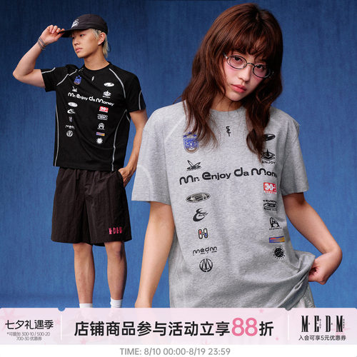 MEDM 品牌标识排版绗线个性运动休闲圆领短袖美式潮流插肩袖T恤夏