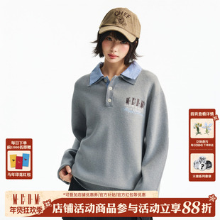 MEDM 双层领假两件套头休闲翻领毛衣男女老钱风刺绣logo针织衫春