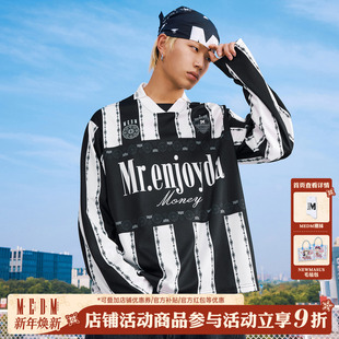 通勤情侣宽松翻领上衣春秋 T恤美式 MEDM 撞色条纹拼接休闲球衣长袖