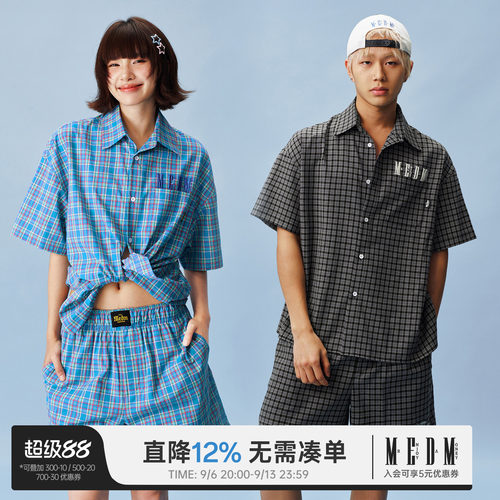 MEDM美式复古刺绣格纹短袖衬衫