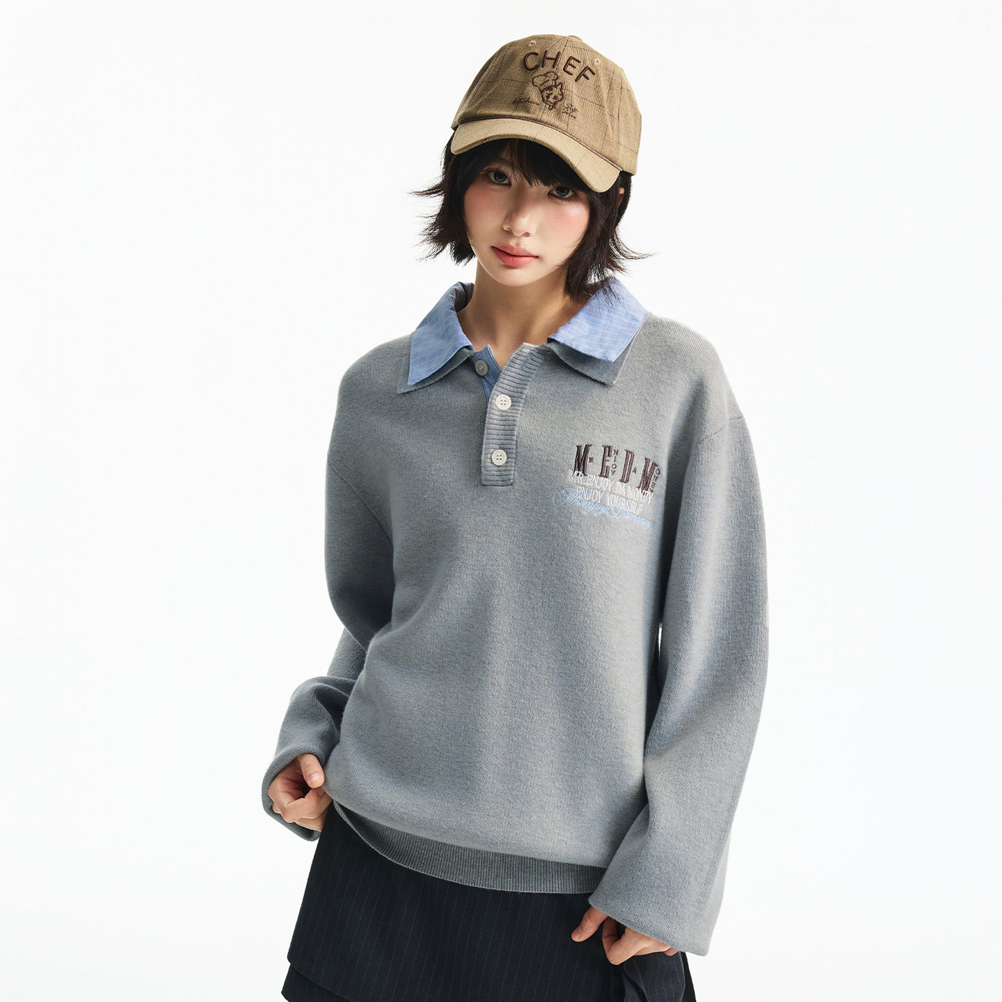 MEDM 双层领假两件套头休闲翻领毛衣男女老钱风刺绣logo针织衫春