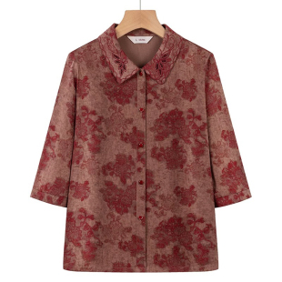 中老年人女夏装妈妈装桑蚕丝长袖衬衫翻领小衫奶奶装上衣服福太太