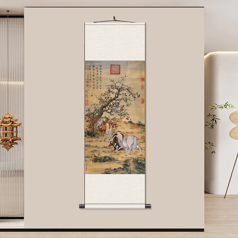 郎世宁 神骏图玄关装饰画新中式挂画卷轴丝绸画过道餐厅书房墙画