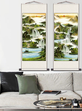 富水长流山水画办公室字画沙发背景装饰挂画大气客厅国画风水招财
