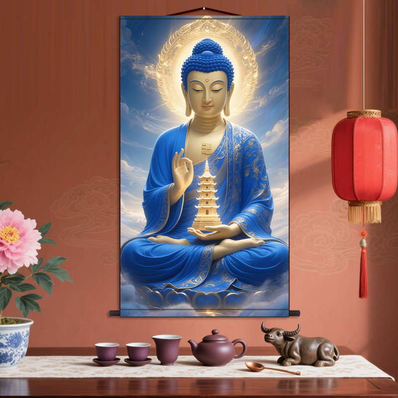 药师佛 佛像菩萨人物画客厅走廊佛堂挂画背景墙丝绸卷轴画