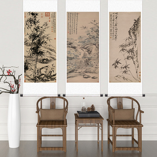 郑板桥竹子装饰挂画新款酒店竖版客厅书房竹报平安水墨卷轴装饰画