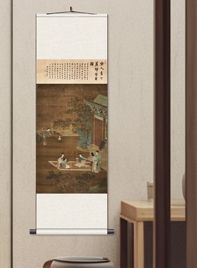 明 仇珠 女乐图定制出国礼品新中式玄关装饰画丝绸卷轴客厅挂画