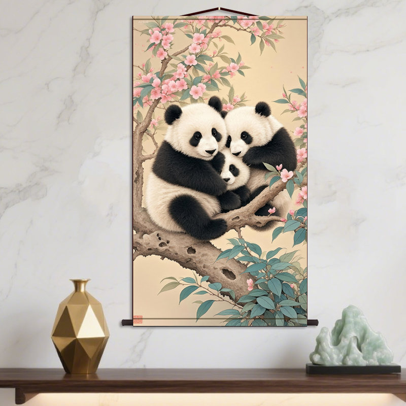 两只熊猫 动物画客厅走廊挂画背景墙丝绸卷轴画装饰画定制图片
