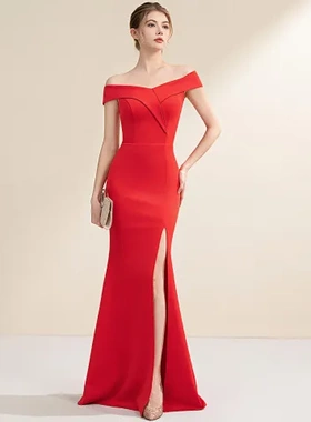 鱼尾裙子女晚礼服新娘一字肩敬酒服长款气质名媛修身显瘦宴会晚宴