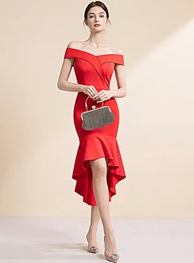 新娘一字肩中长款红色连衣裙结婚宴订婚女晚宴会敬酒服晚礼服性感