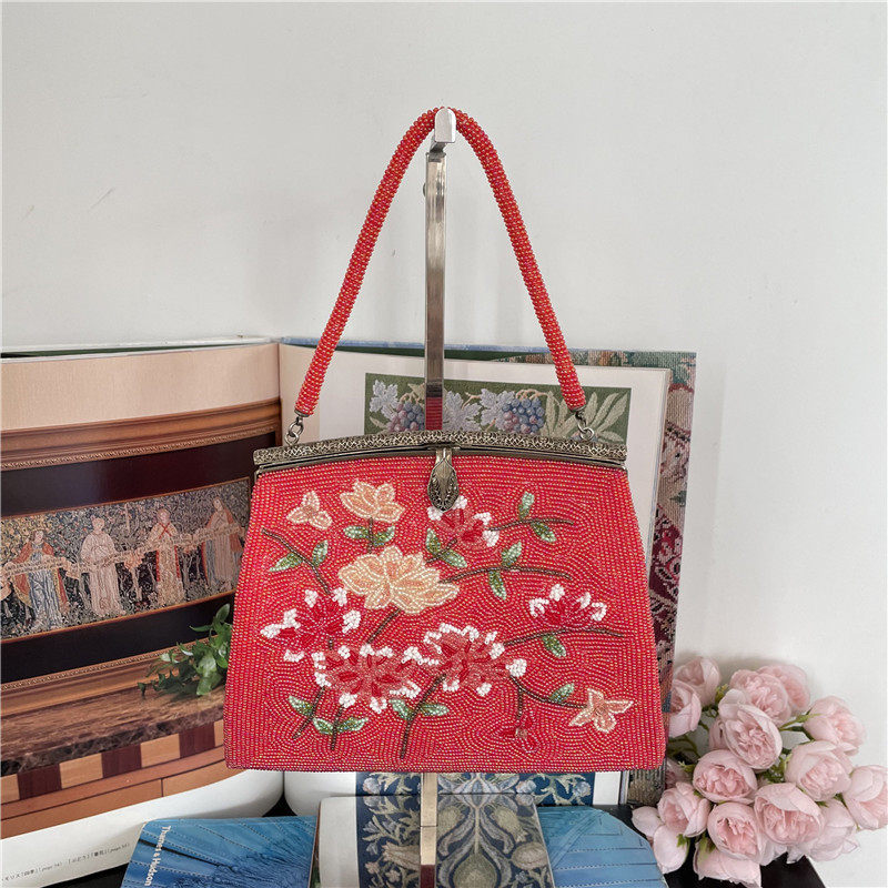 Vintage日本昭和时代手工珠绣钩花古董晚宴包