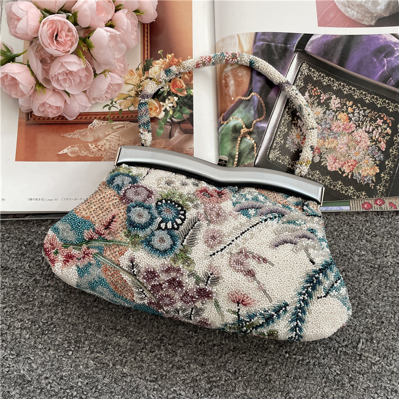 日本制亚克力口金中古包绝美立体珠绣钩花手工串珠包晚宴包手拎包