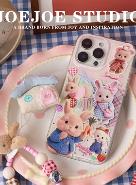 JOEJOE原创兔兔小镇适用iPhone17promax苹果16pro亮面Air手机壳15双层13保护壳17高级感可爱兔子保护套小熊