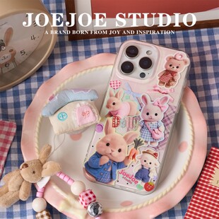JOEJOE原创兔兔小镇适用iPhone17promax苹果16pro亮面Air手机壳15双层13保护壳17高级感可爱兔子保护套小熊