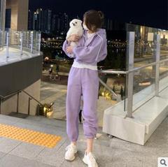 2024春秋新款韩版加绒休闲运动套装时尚女短款卫衣束脚裤两件套潮