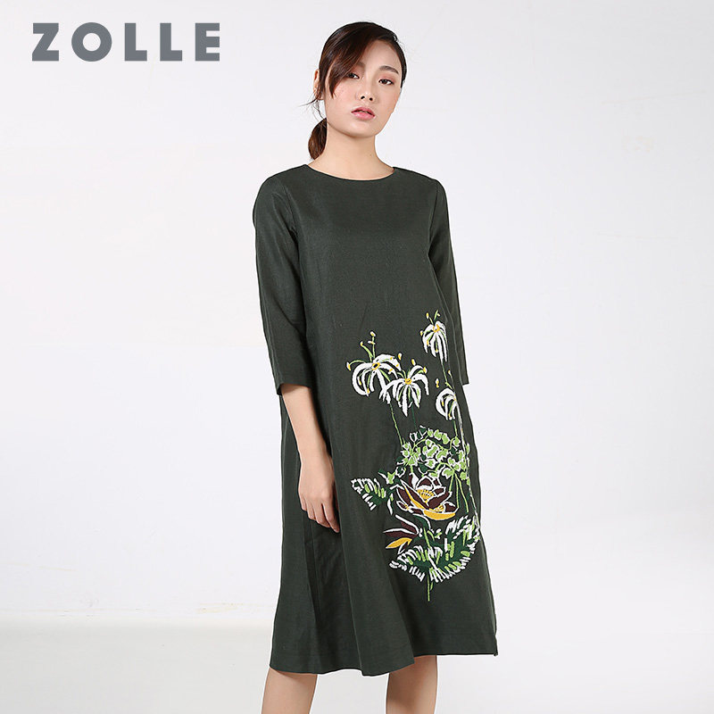 zolle因为国潮刺绣连衣裙中长款