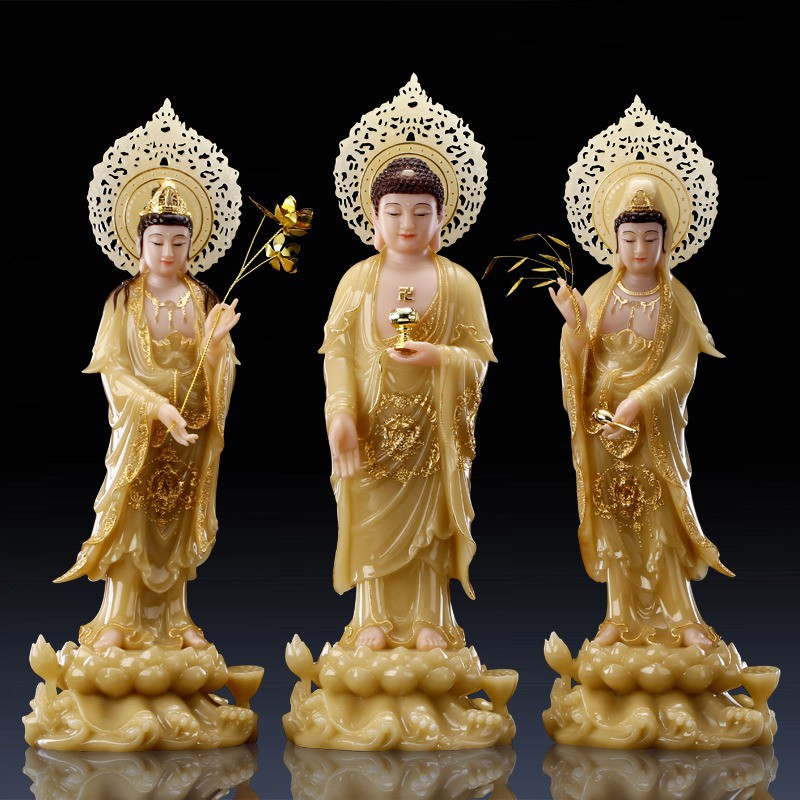 汉白玉镶金西方三圣阿弥陀佛佛像观世音菩萨佛像大势至菩萨像站像