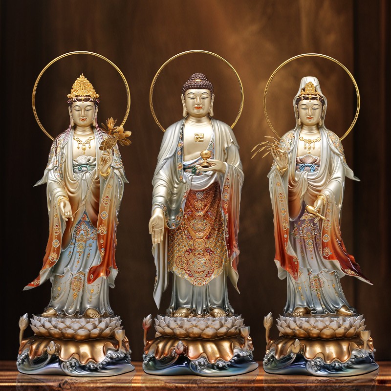 台湾黄铜珐琅西方三圣佛像观世音菩萨阿弥陀佛佛像站大势至菩萨像