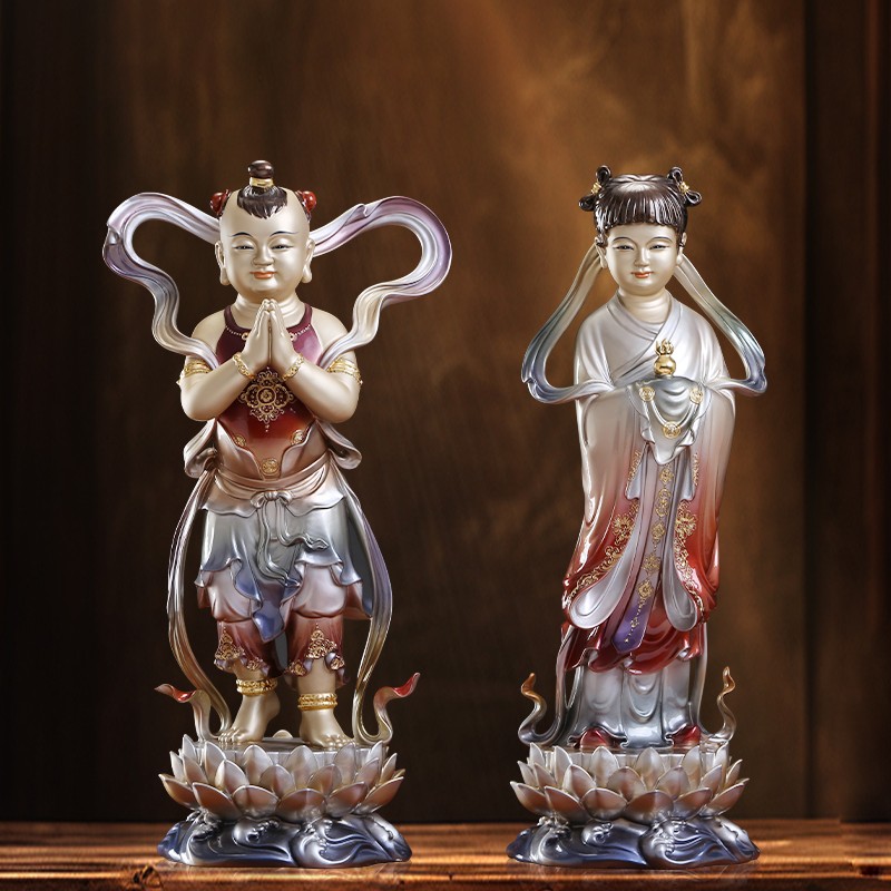 台湾黄铜彩绘金童玉女善财童子龙女像供奉家用童男童女佛像摆件