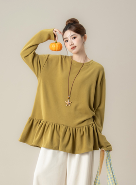 芥绿色日系花边下摆拼接长袖T恤女秋冬新款德绒宽松显瘦内搭上衣