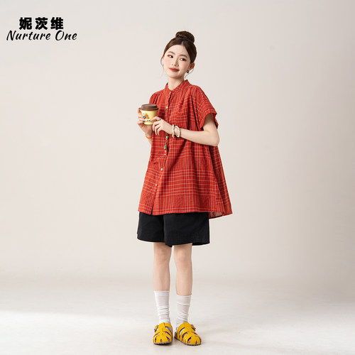 宽松简约格纹短袖衬衫短裤套装女