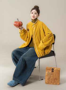 黄色灯芯绒加厚短外套女冬季新款宽松显瘦拉链立领羊羔毛长袖棉服