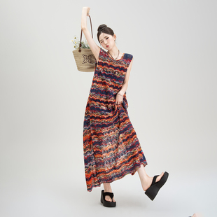 彩色条纹叠穿镂空无袖连衣裙女夏季新款后背开叉宽松显瘦背心长裙