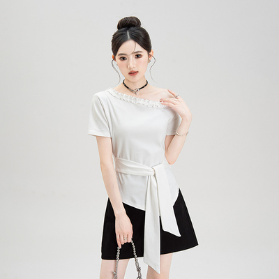 白色斜肩领木耳边短袖T恤上衣女