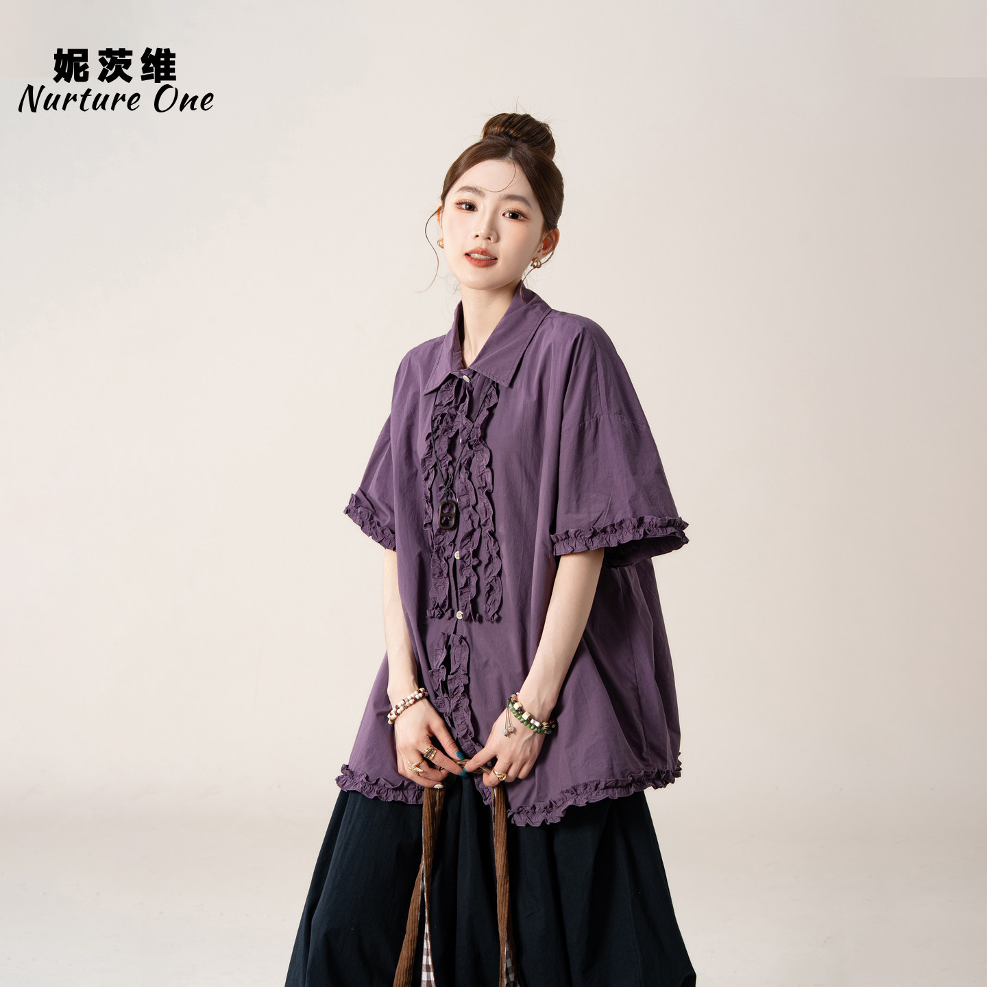 妮茨维【紫韵生柔】木耳花边短袖衬衫女设计感穿搭休闲文艺上衣