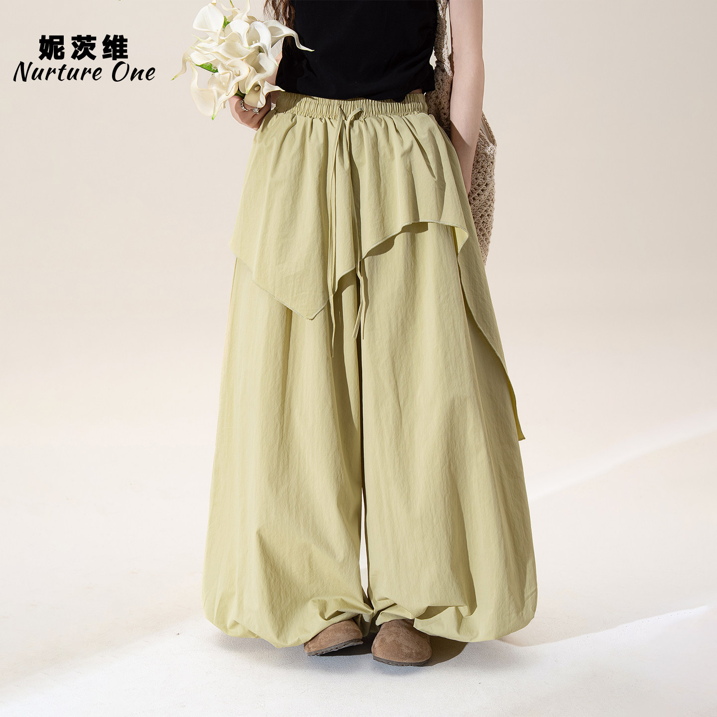 妮茨维【飘带叠摆】黄色假两件拼接宽松阔腿裤女春日穿搭花苞裙裤
