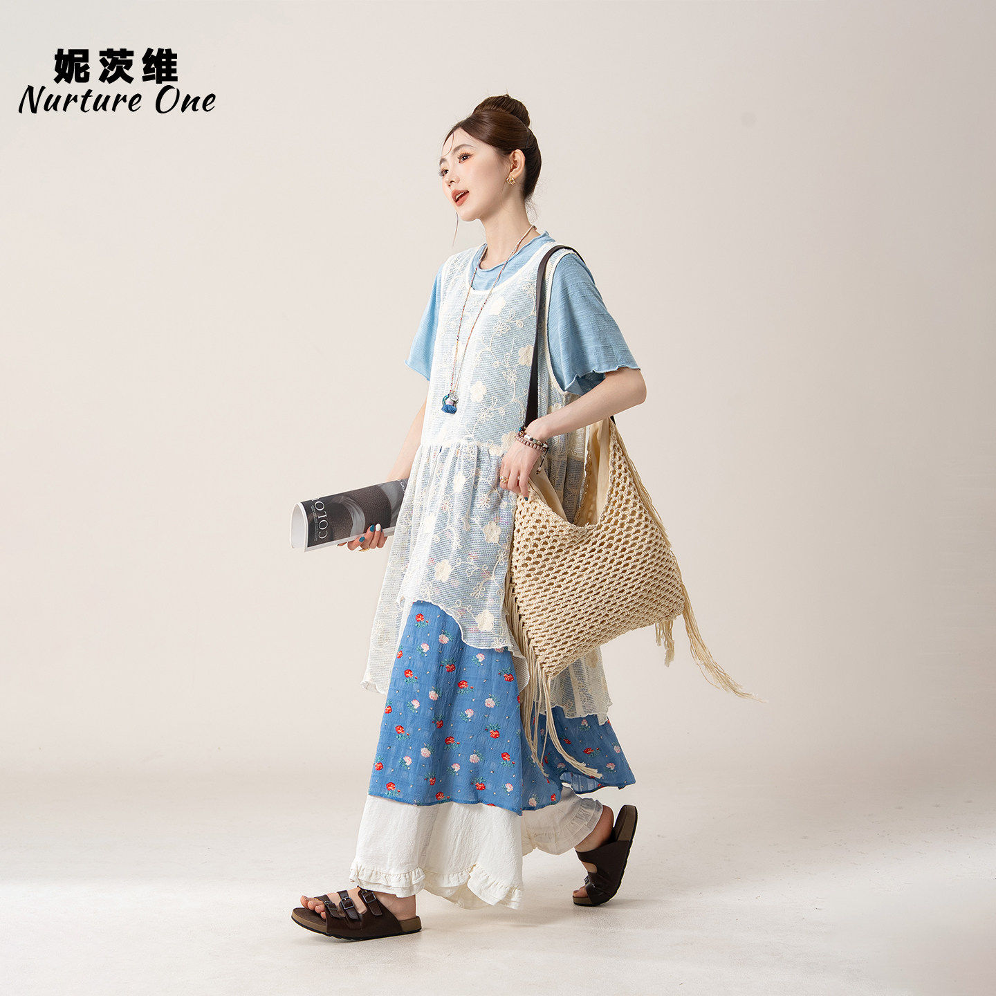 妮茨维【冰蓝轻氧】碎花拼接蕾丝罩衫裙女森系小众穿搭T恤阔腿裤